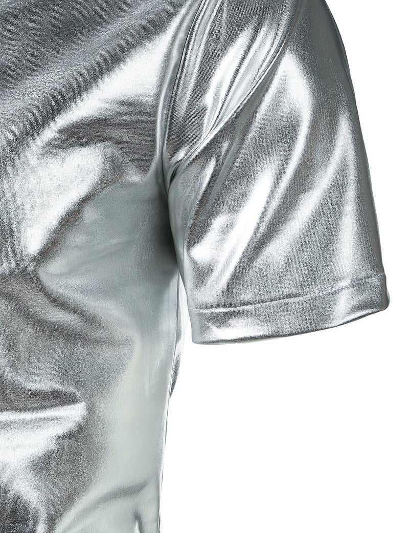 JOGAL Men's 70s Disco Shiny Metallic Gold Silver Short Sleeve Button Down Shirts Medium Silver - Image 2